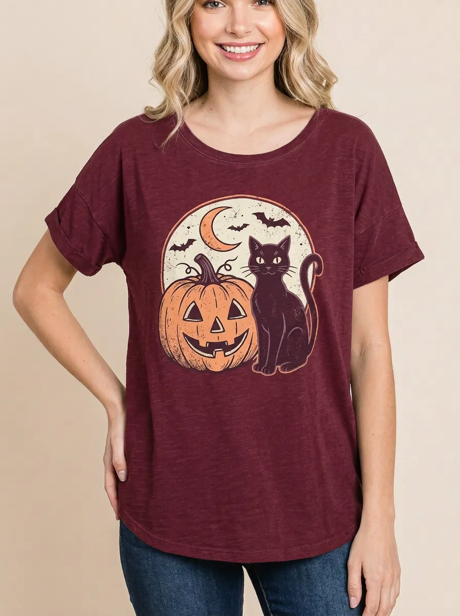 Women's Halloween Black Cat Pumpkin Moon Printed T-shirt