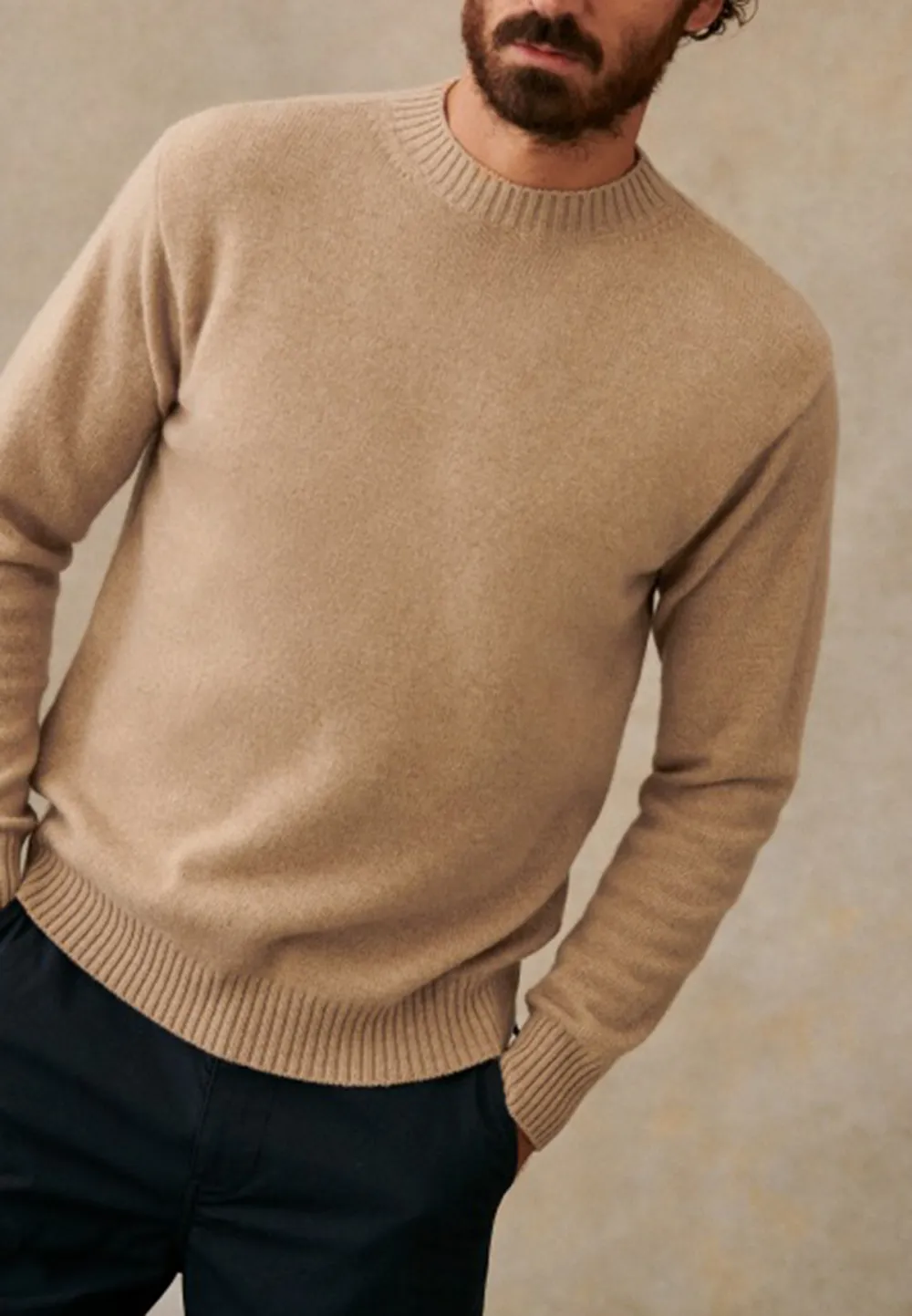Light Beige Solid Knit Crew Neck Sweater