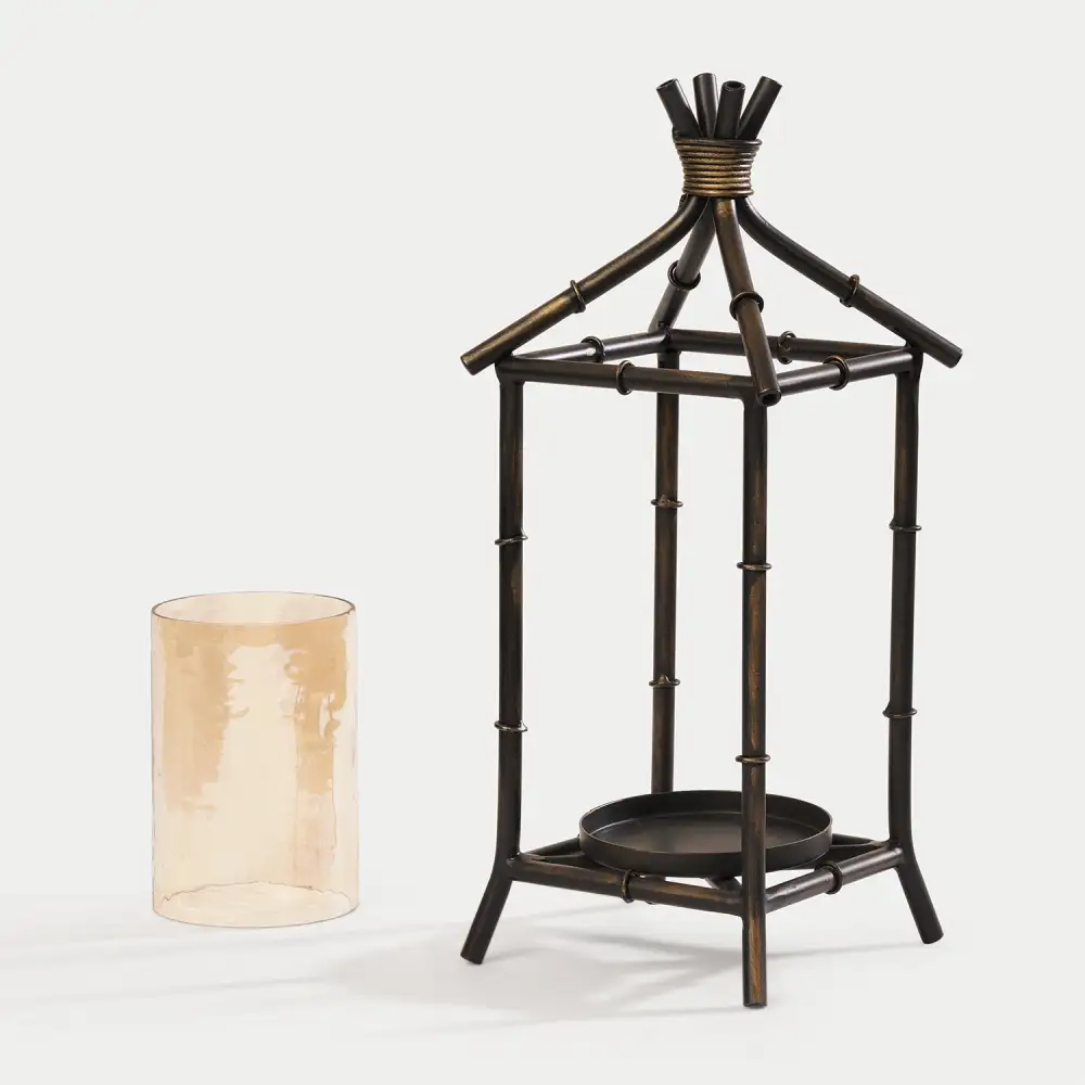 Aged Black Hut Lantern With Glass Insert