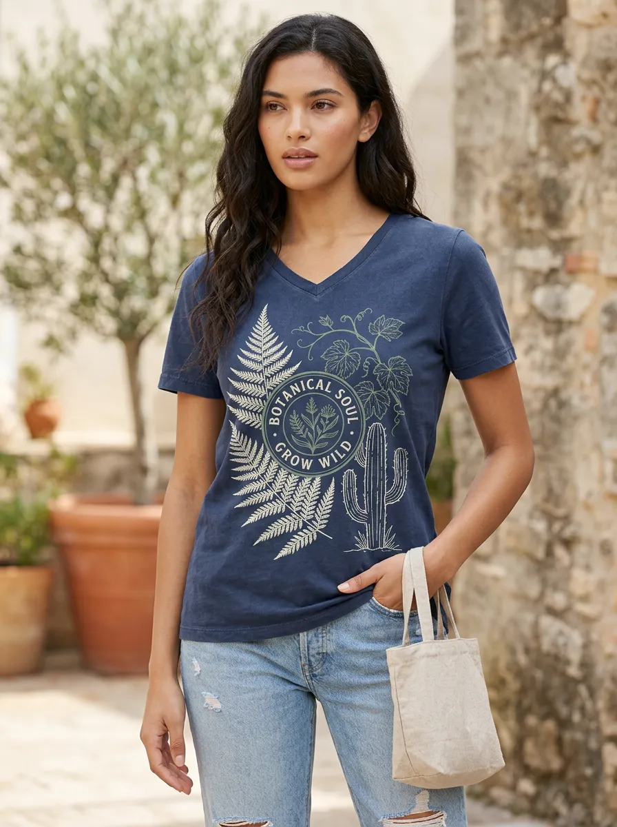 Women's Botanical Soul Nature Lover Fern Cactus Printed V-neck T-shirt