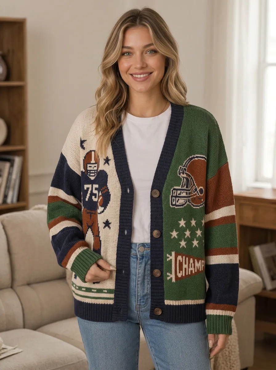 Women's Football Fan Helmet Player Pattern Knitted Cardigan