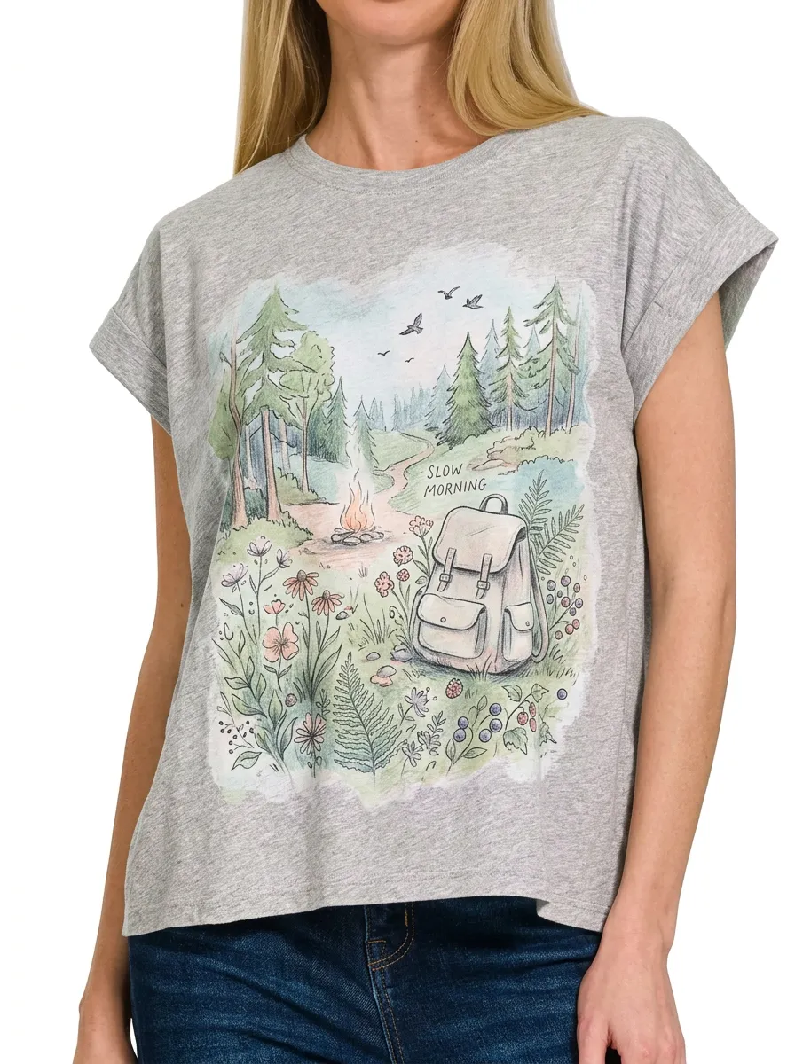 Women's Camping Hiking Lover Slow Morning Forest Printed T-shirt