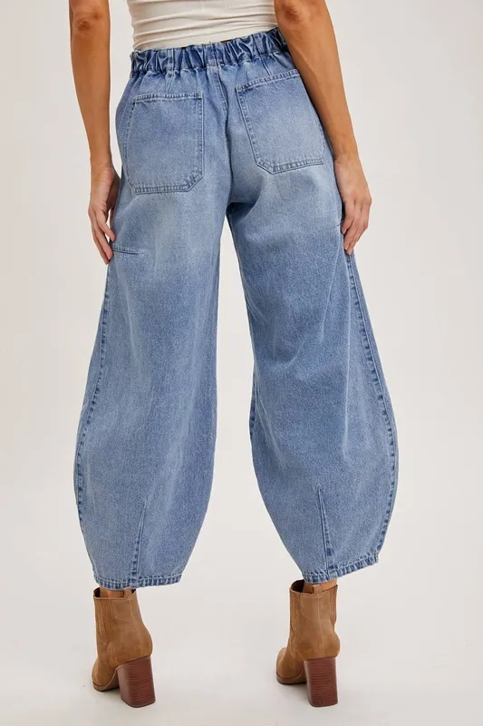 Blue Drawstring Barrel Jeans
