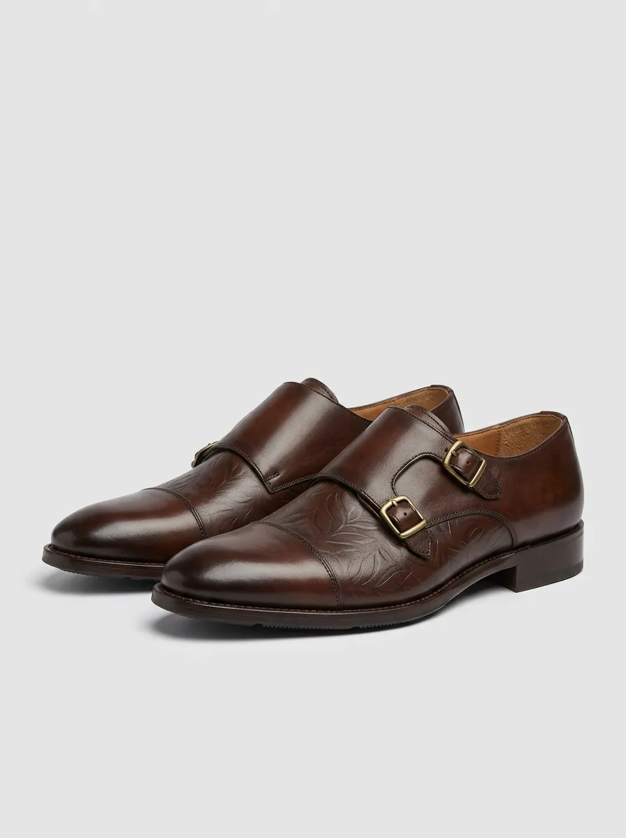 Men's Vintage Floral Embossed Leather Double Monk Strap Shoes