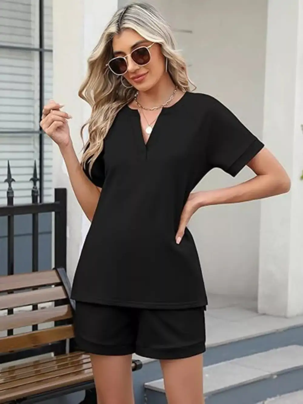 Short Sleeve Top Shorts Two Piece Set