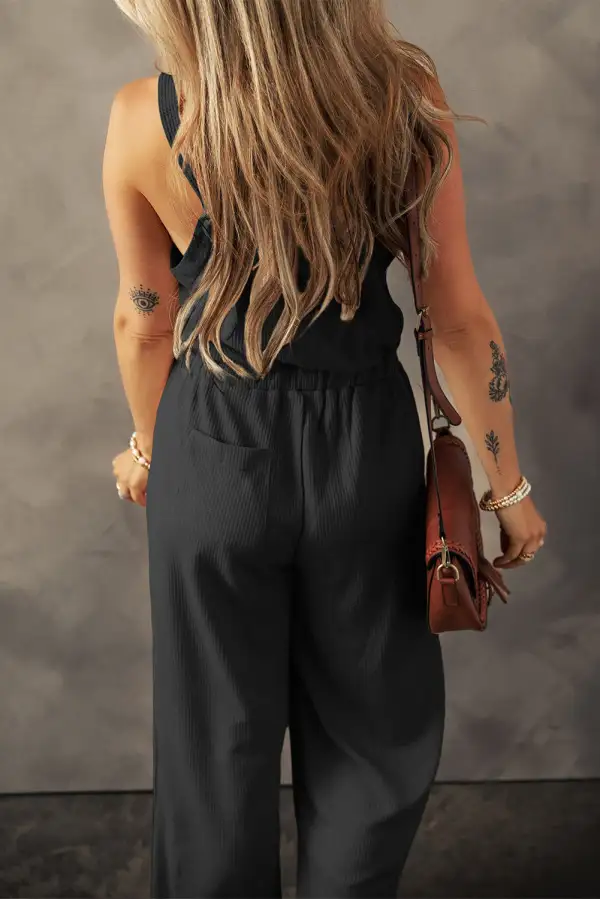 Knotted Straps Button Textured Drawstring Jumpsuit Accessory