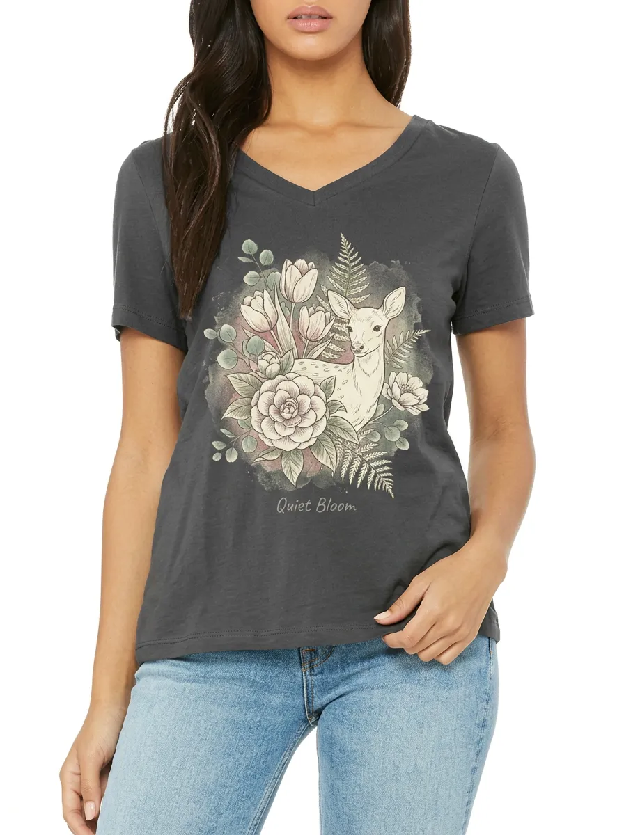 Women's Nature Lover Deer Floral Quiet Bloom Printed V-neck T-shirt