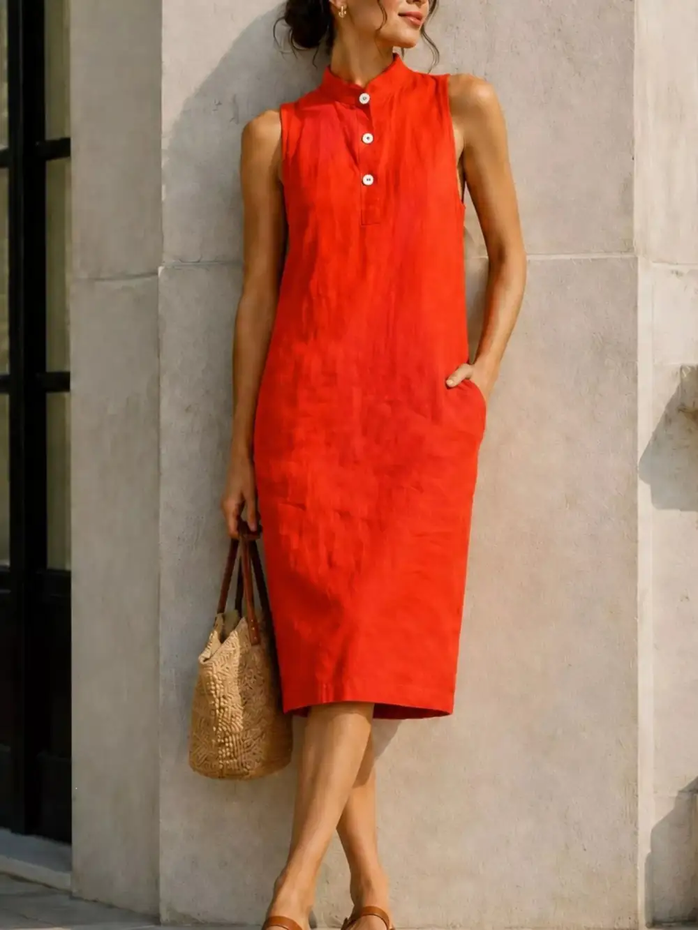Button Detail Sleeveless Midi Dress
