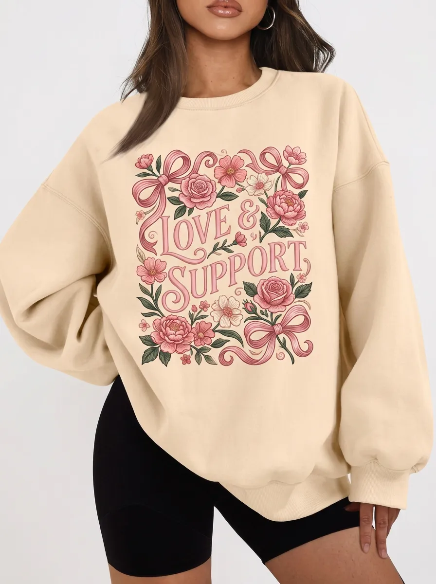 Women's Breast Cancer Awareness Love & Support Floral Ribbon Printed Sweatshirt