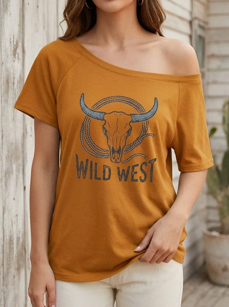 Women's Wild West Cow Skull Rope Printed T-shirt