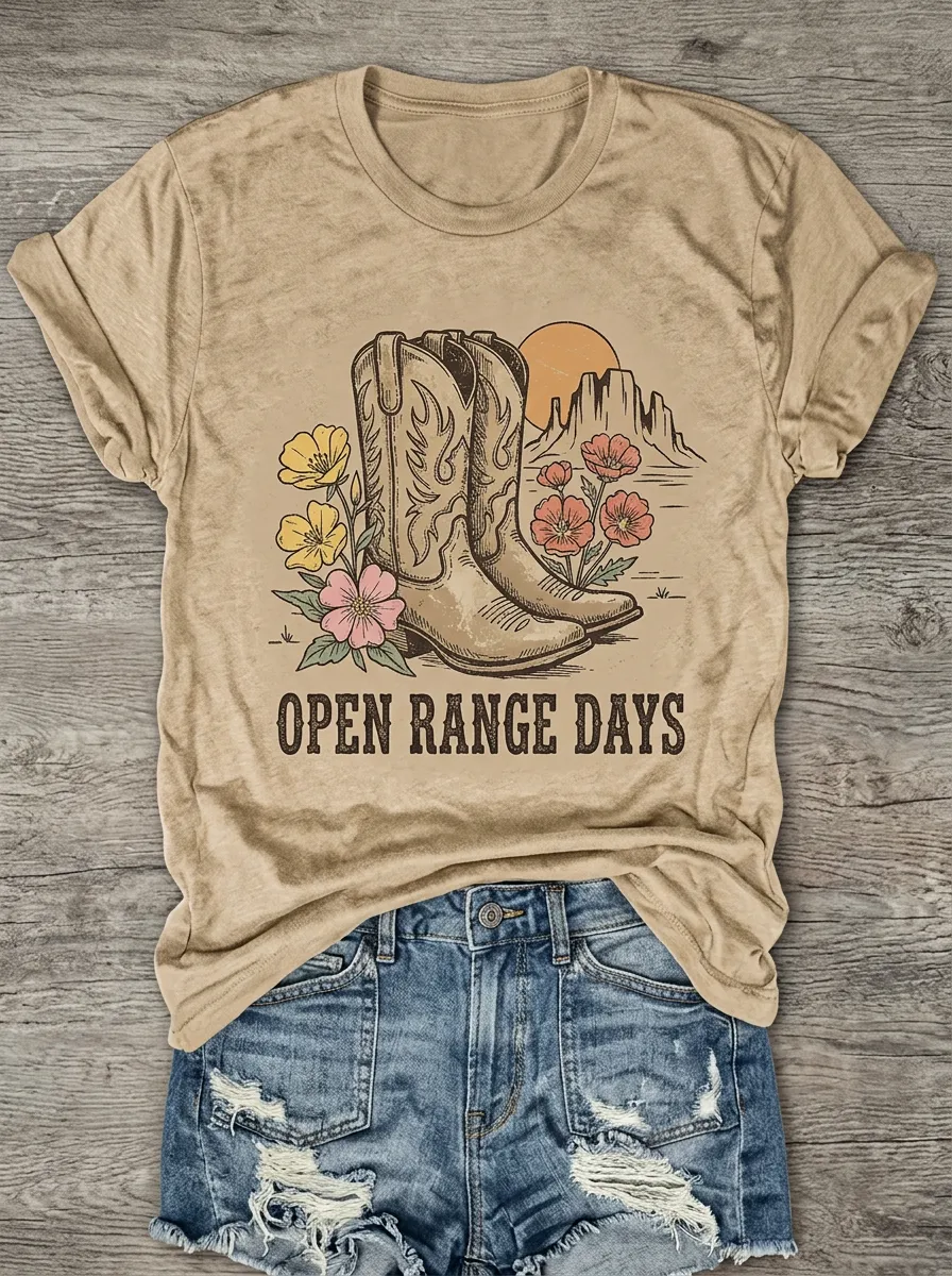 Cowboy-Boot Cowboy Floral Open-Range Western Crewneck T-Shirt