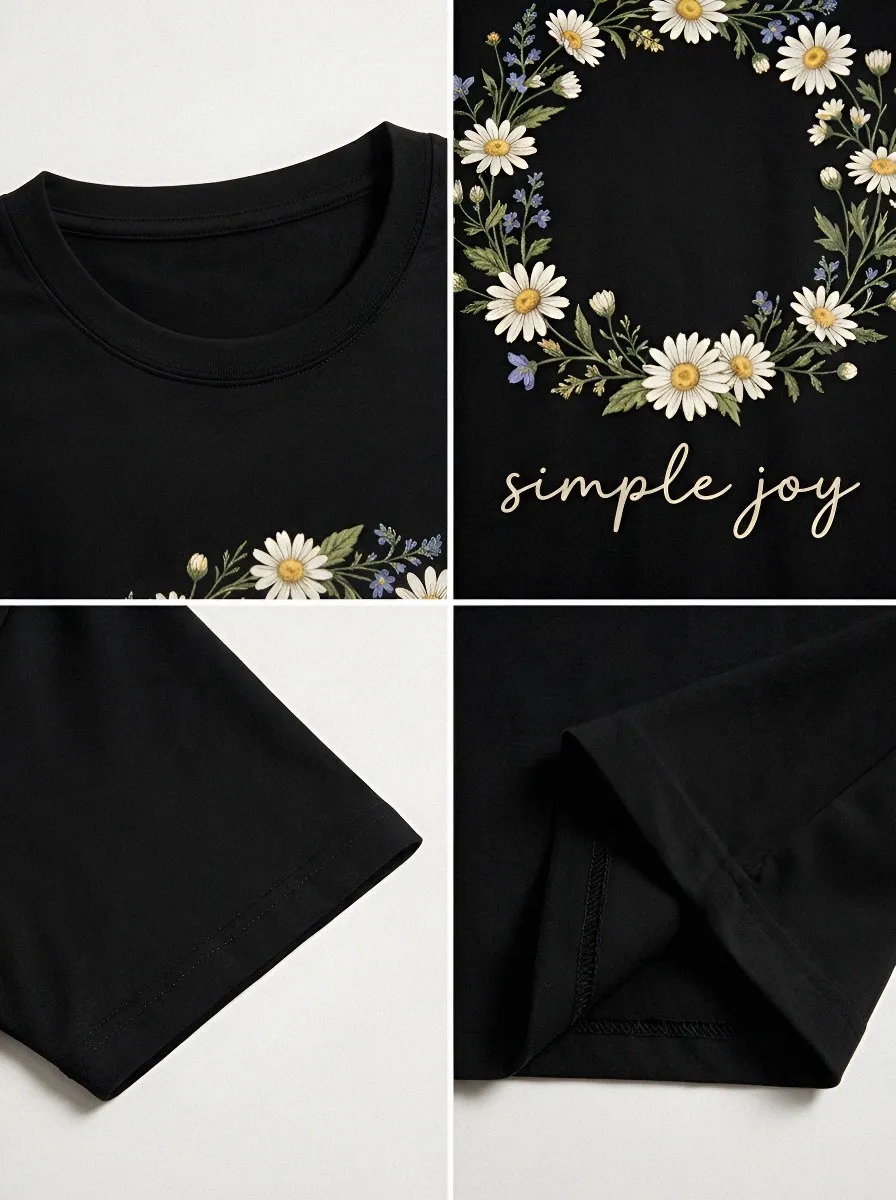 Women's Nature Lover Daisy Wreath Simple Joy Printed T-shirt