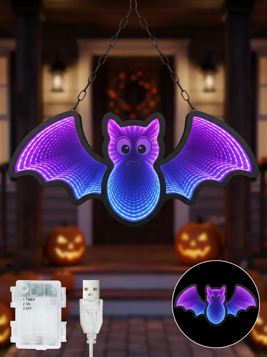 Gothic-Inspired Infinity-Mirror LED Halloween Bat Light