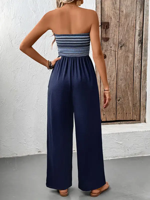 Casual Simple Elastic Stitching Striped Jumpsuit