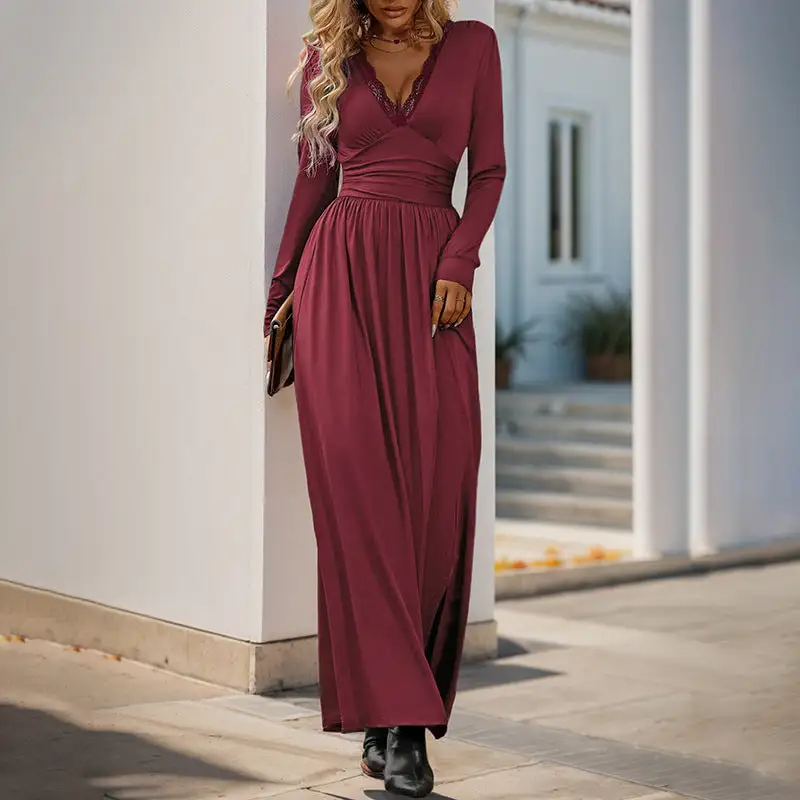 Women's V-Neck Long-Sleeve Ruffled Bridal Maxi Dress