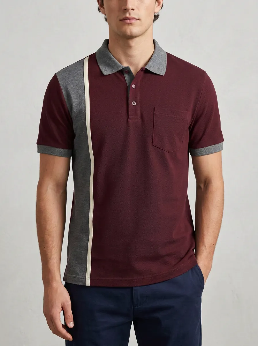 Men's Ribbed Textured Striped Colorblock Pocket Polo Shirt