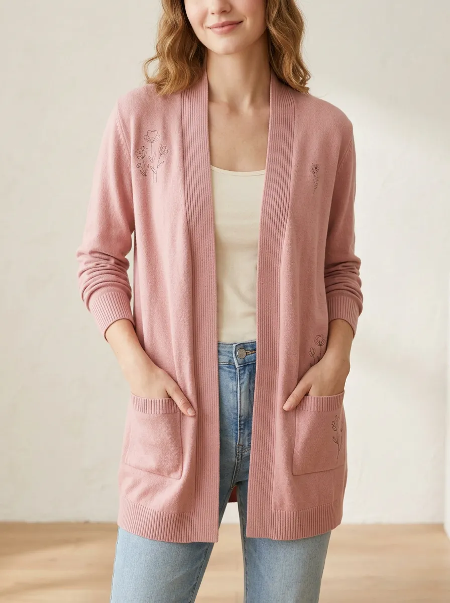 Pink Casual Floral Minimalist Print Cardigan