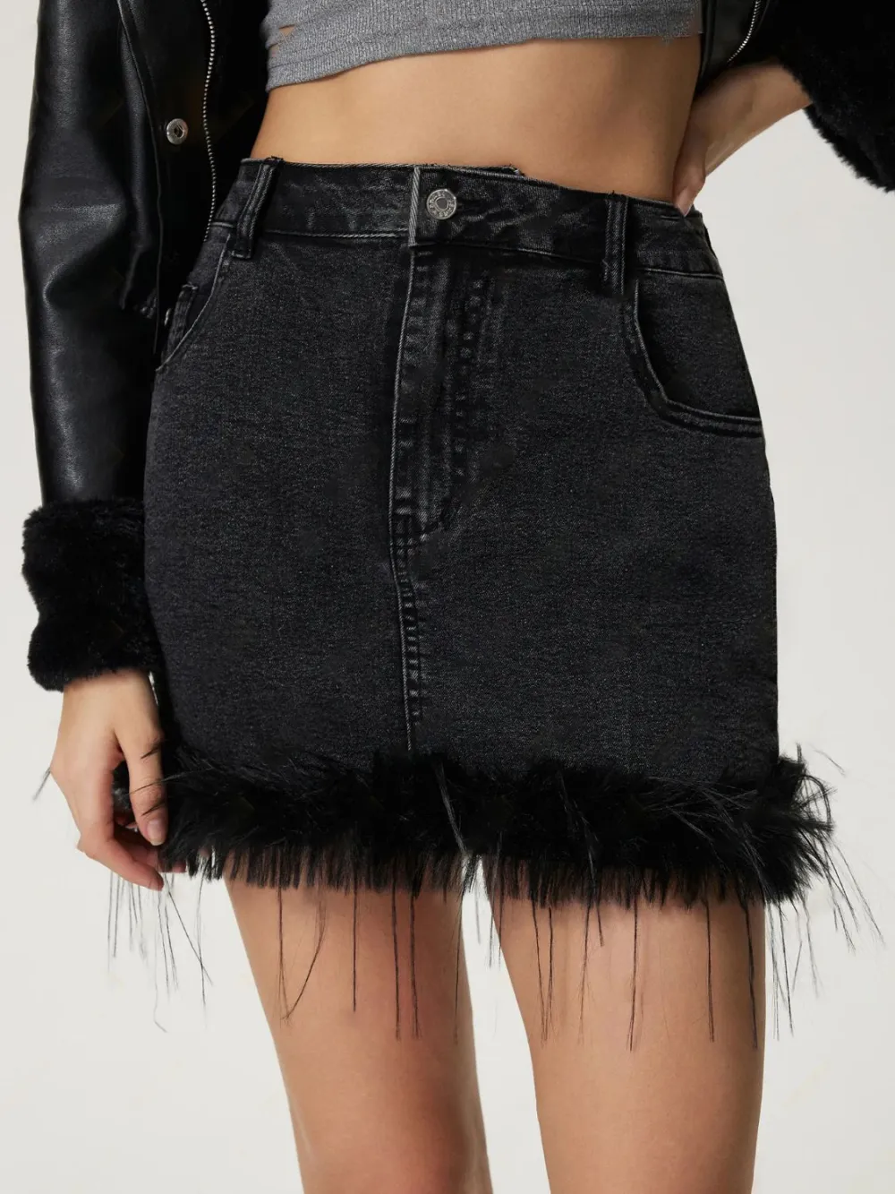 Fine Button Front Denim Detail Skirt
