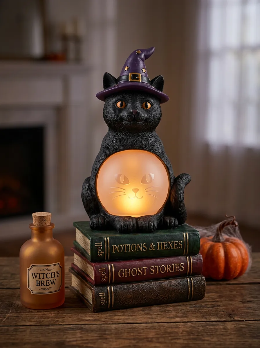 Halloween Witch Cat on Spellbooks Tabletop Ornament