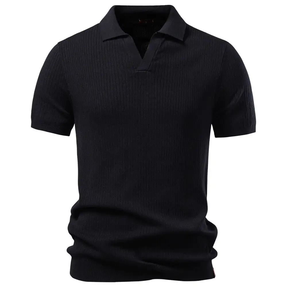 Ribbed Spread Collar Short Sleeve Polo Shirt