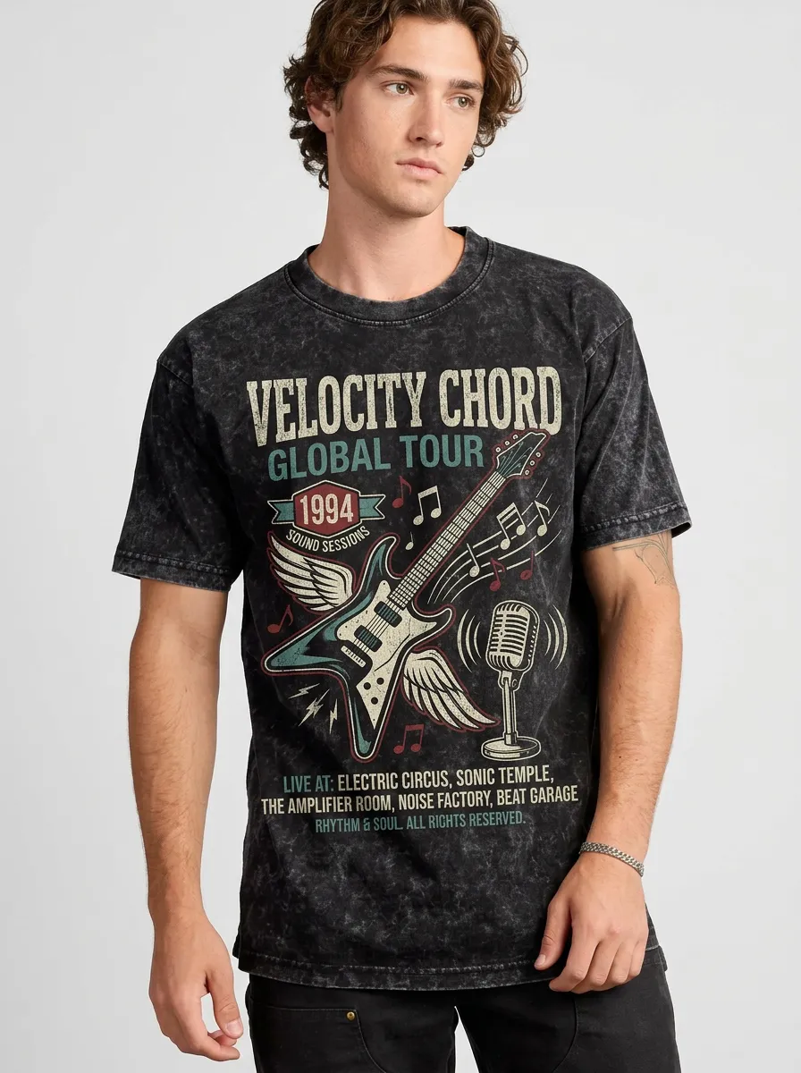 Men's Rock Music Lover Winged Guitar Microphone Printed T-shirt