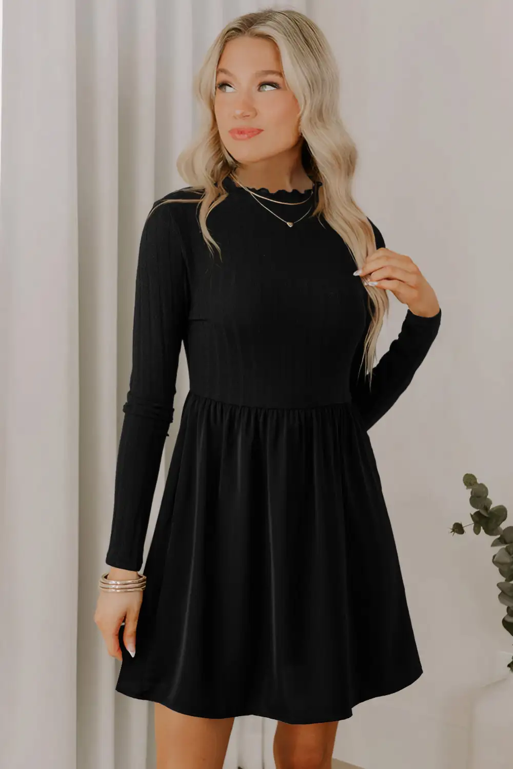 Frilled Neck Ribbed Knit Patchwork Long Sleeve Mini Dress
