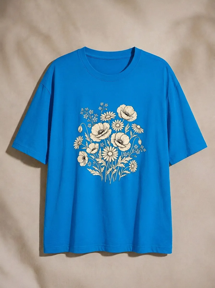 Women's Botanical Nature Lover Poppy Daisy Floral Printed T-shirt