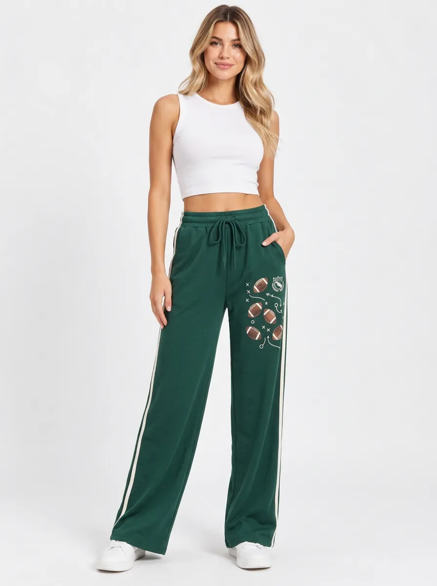 Women's Football Play Diagram Graphic High-Rise Wide-Leg Side-Stripe Sweatpants