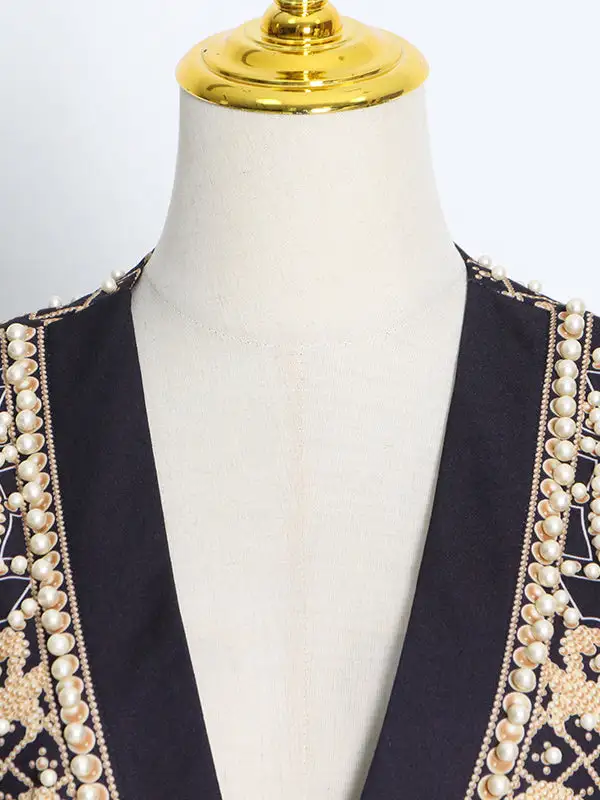 Long Sleeve Relaxed Beaded Printed V-Neck Neck Blazer