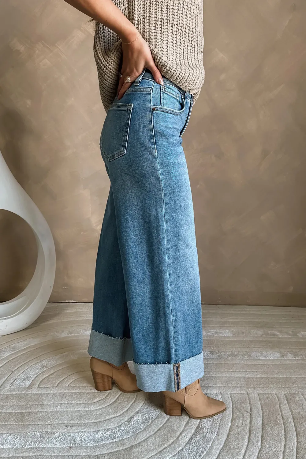 Folded Hem Jeans With Pockets