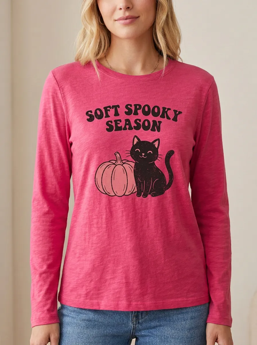Cat Cat Spooky-Season Halloween Cotton Linen Long Sleeve Top