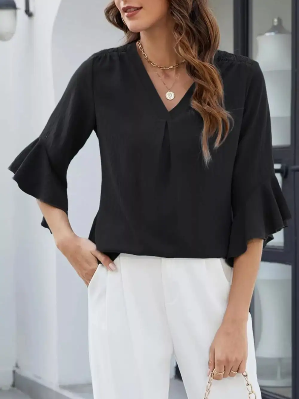 V Neck Ruffle Sleeve Blouse