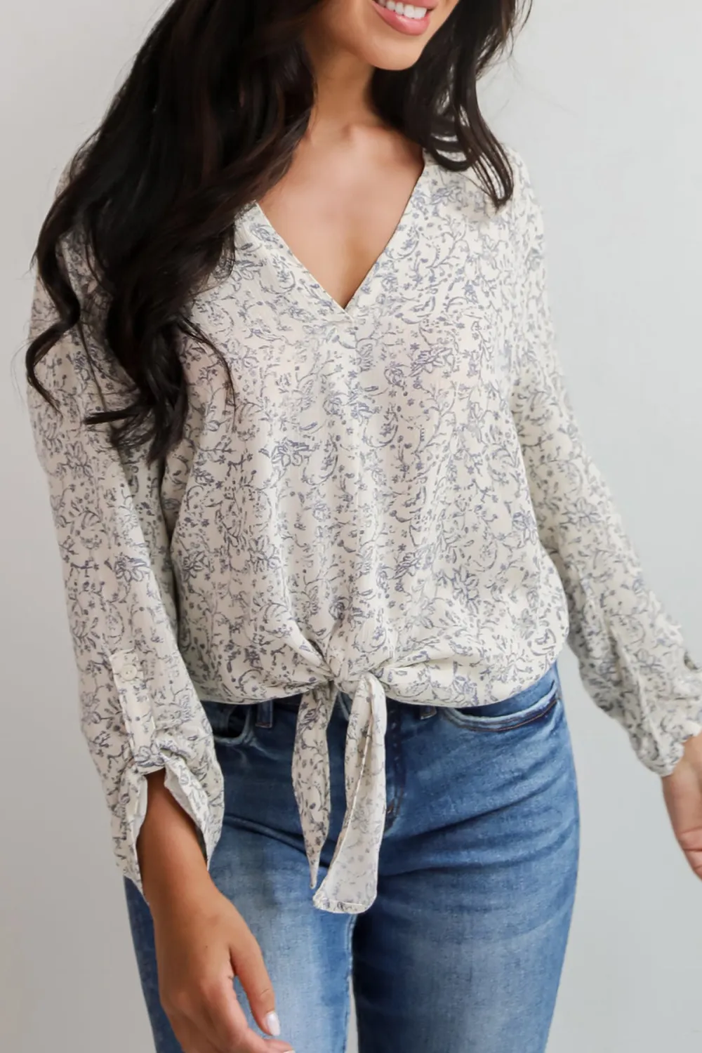 Cream Floral Tie-Front Blouse