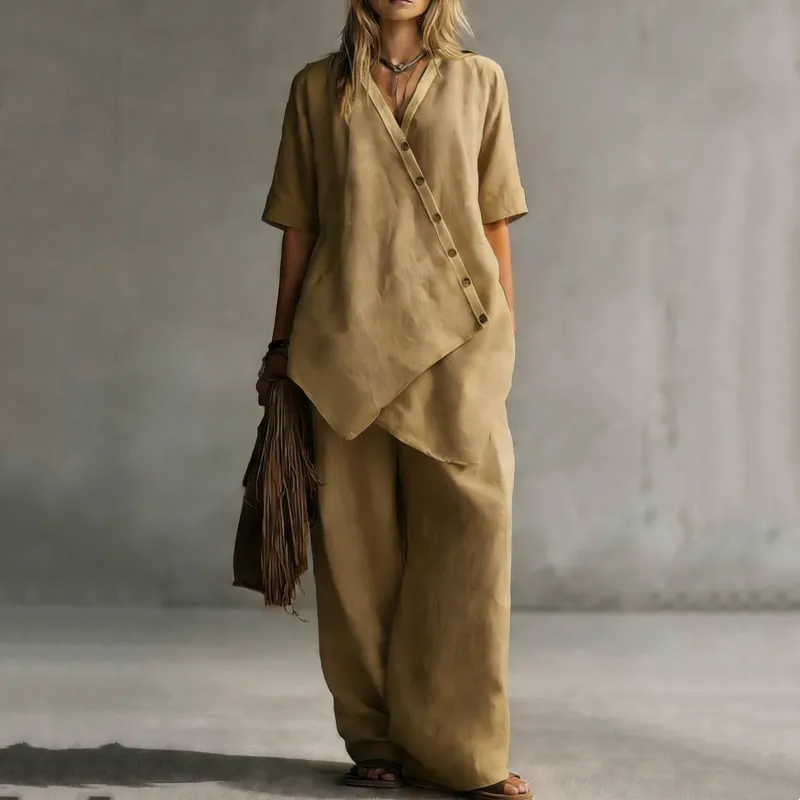 ⌛Limited-Time Offer-Women's Asymmetrical Top & Wide-Leg Pants Set