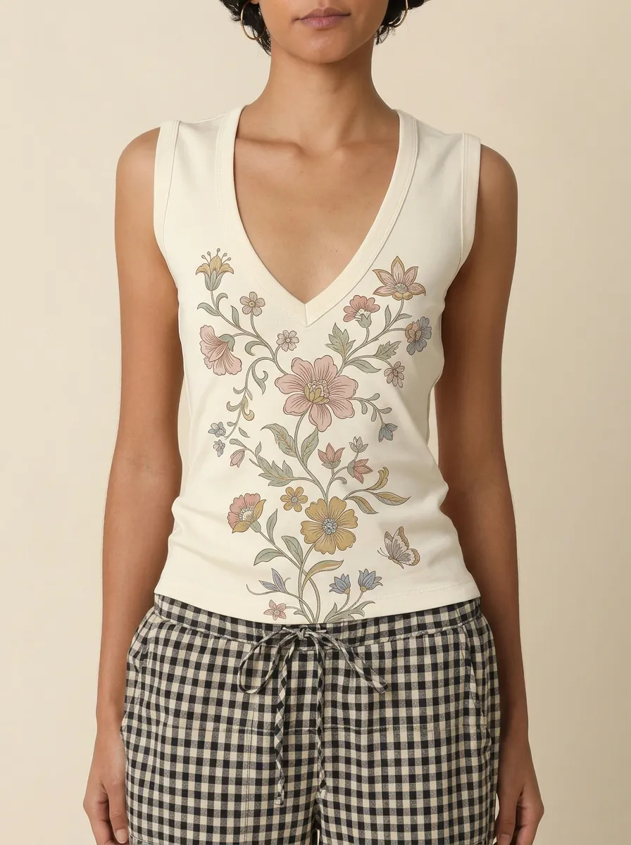Women's Boho Floral Botanical Printed V-Neck Tank Top
