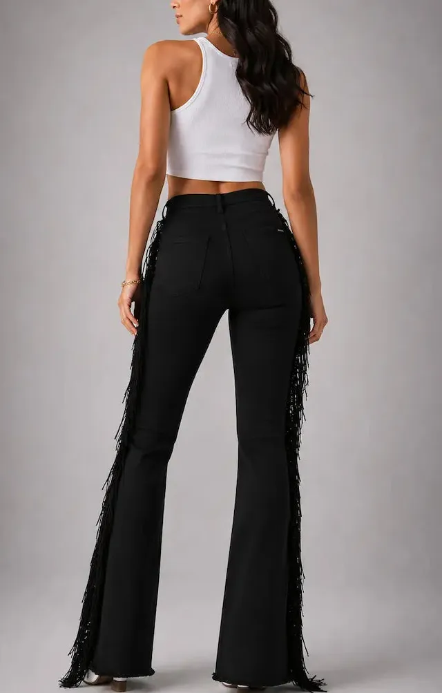 Bell Bottom Mid Rise Fringe Detail Vintage Style Cropped Denim Jeans