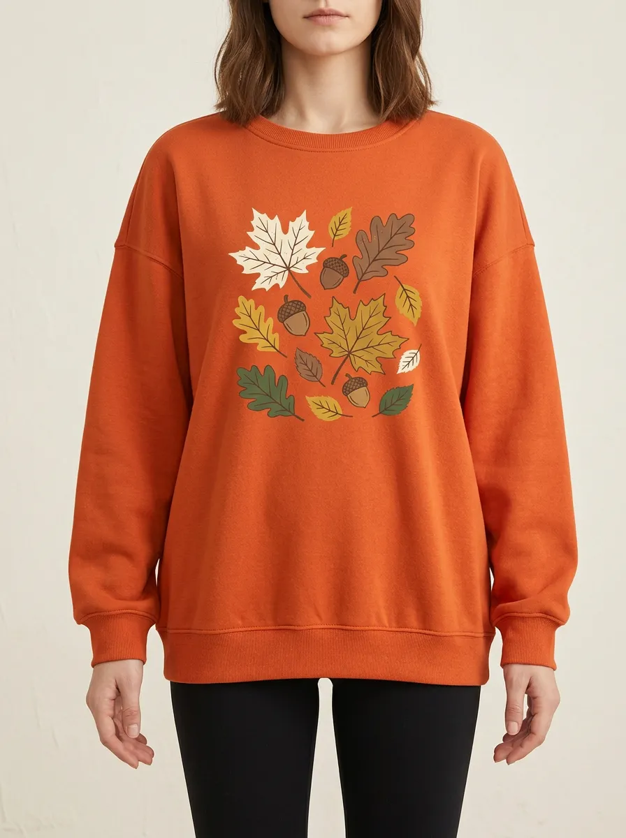 Textured Look Maple-Leaf Printed Acorn Graphic Sweatshirt
