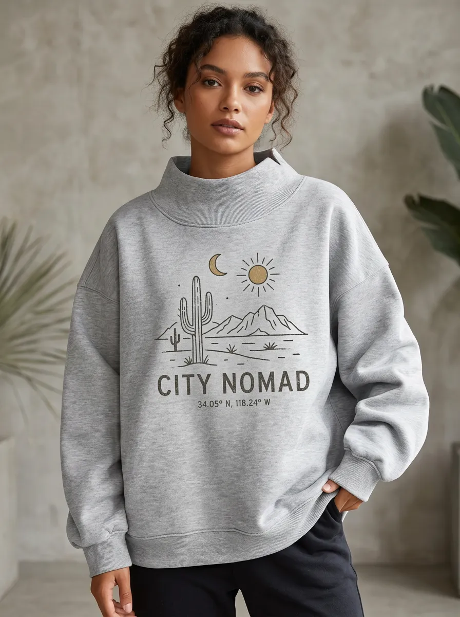 City Nomad Desert Cactus Sun Mock Neck Sweatshirt