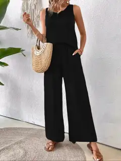 Round-Neck Cutout Pants Matching Set