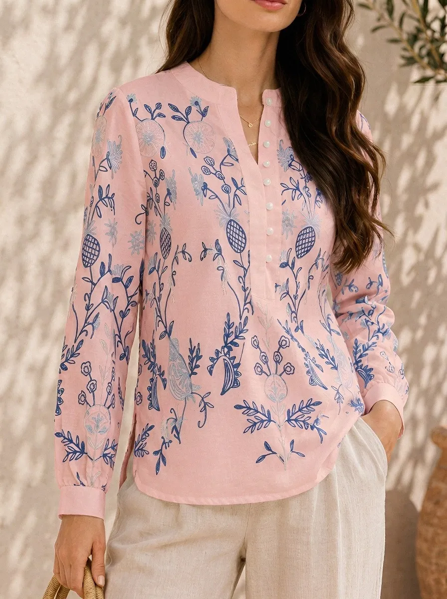 Women's Floral Botanical Blue Print Printed Henley Shirt