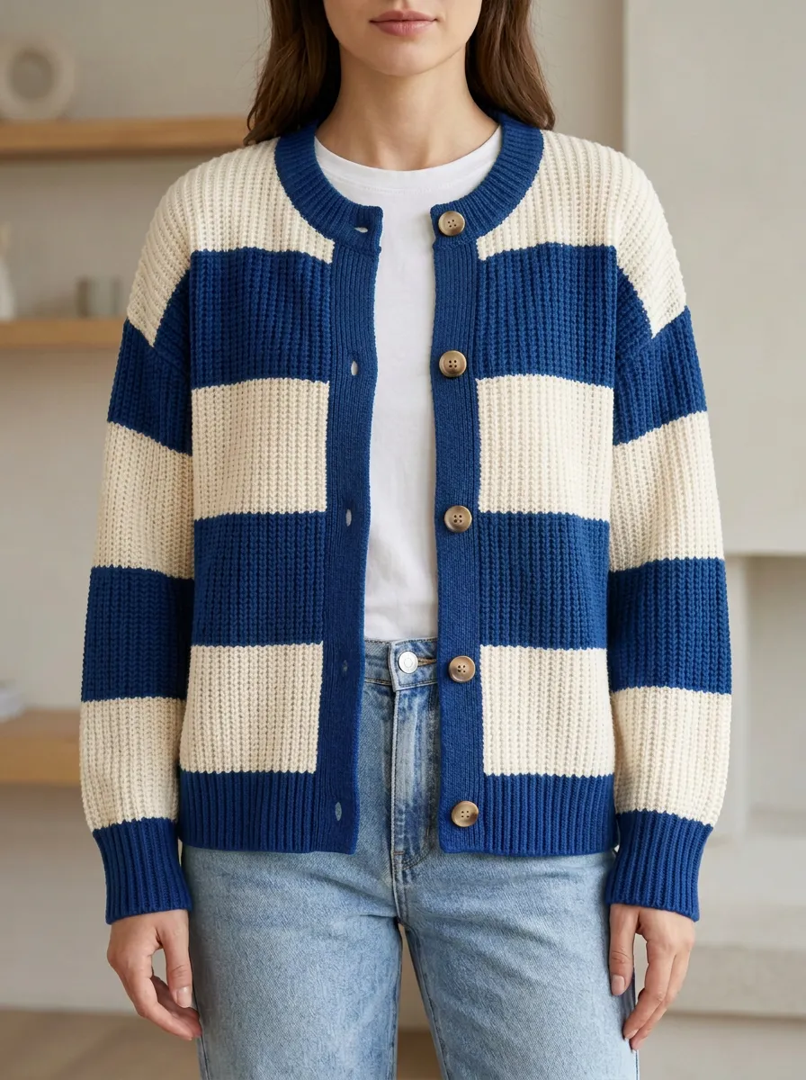 Layered Rugby Striped Button Front Knit Cardigan