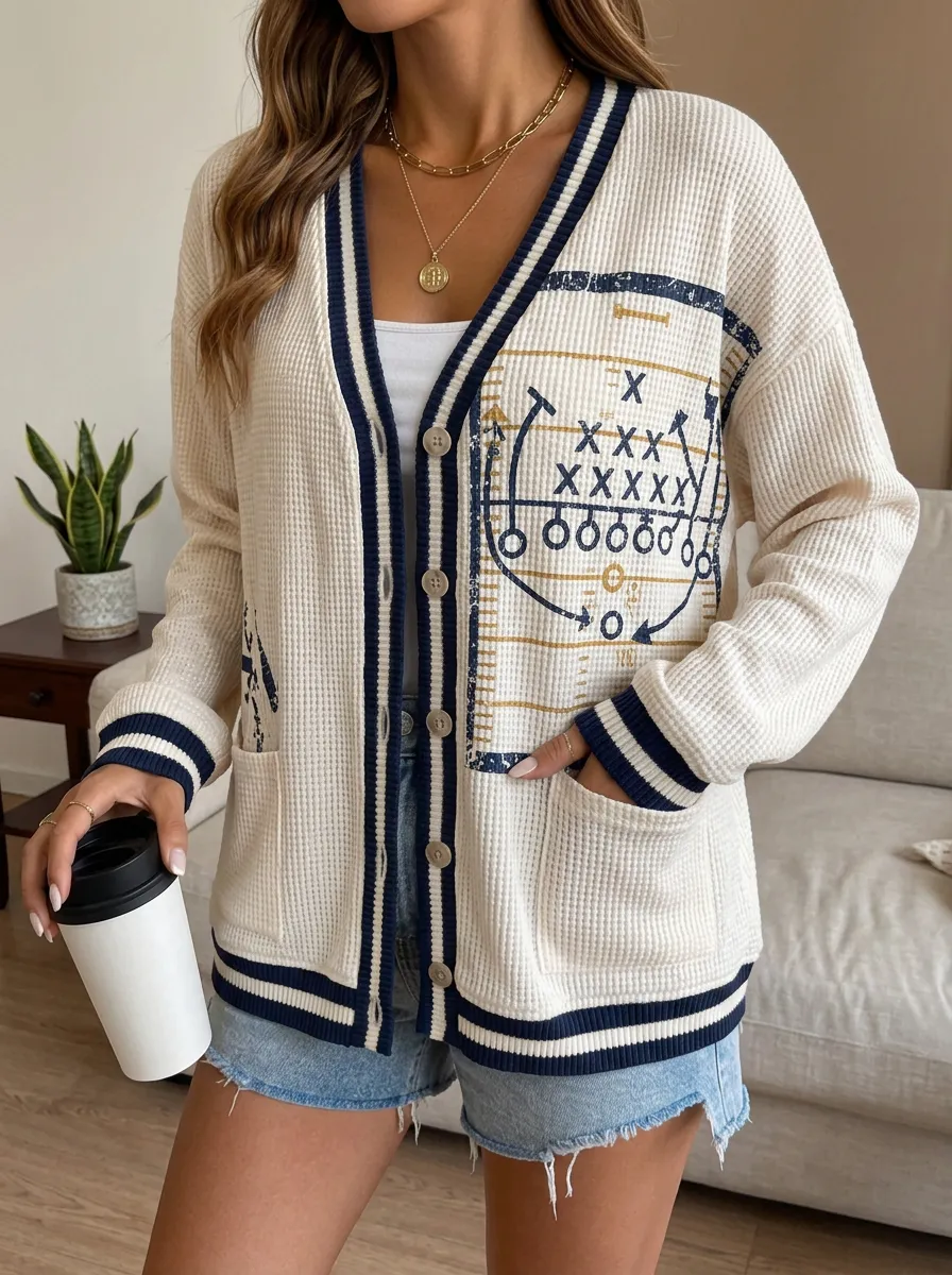 Women's Gridiron Football Fan Playbook Printed Waffle Knit Cardigan