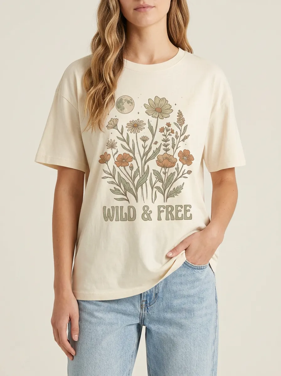 Wild And Free Boho Floral Moon T-Shirt