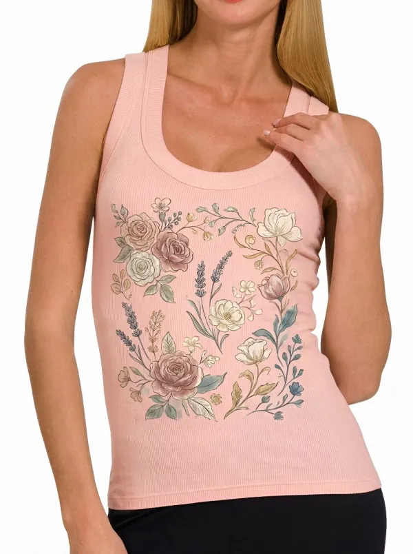 Women's Botanical Floral Garden Watercolor Printed Ribbed Tank Top