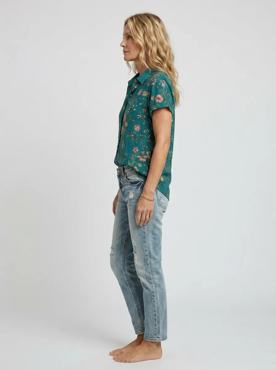 Women's Botanical Floral Vintage Garden Printed Short Sleeve Shirt