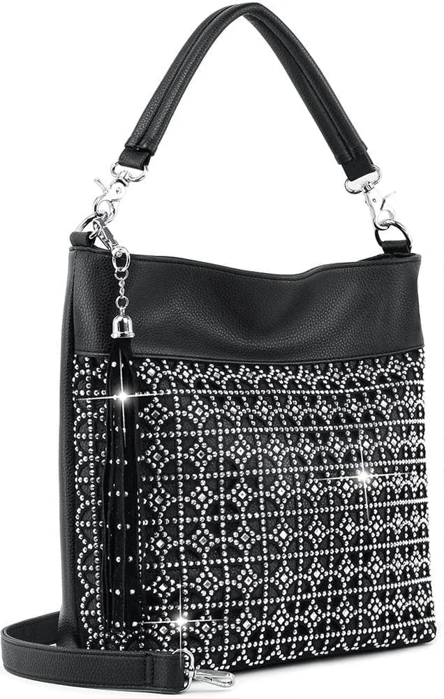 Relaxed Detail Crystal Accent Tassel Accent Pocketed Faux Leather Hobo Shoulder Bag