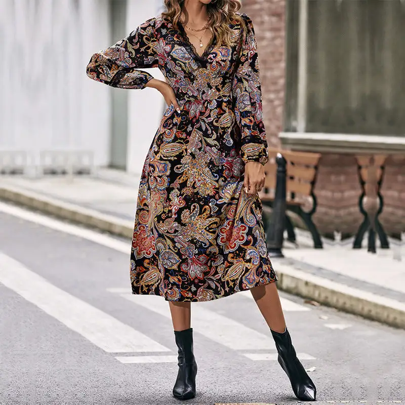 Women's V-Neck Long-Sleeve Paisley Maxi Dress