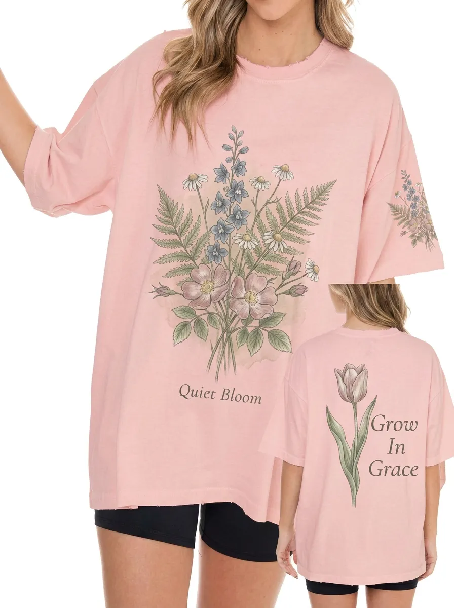 Women's Floral Quiet Bloom Grow In Grace Printed T-shirt