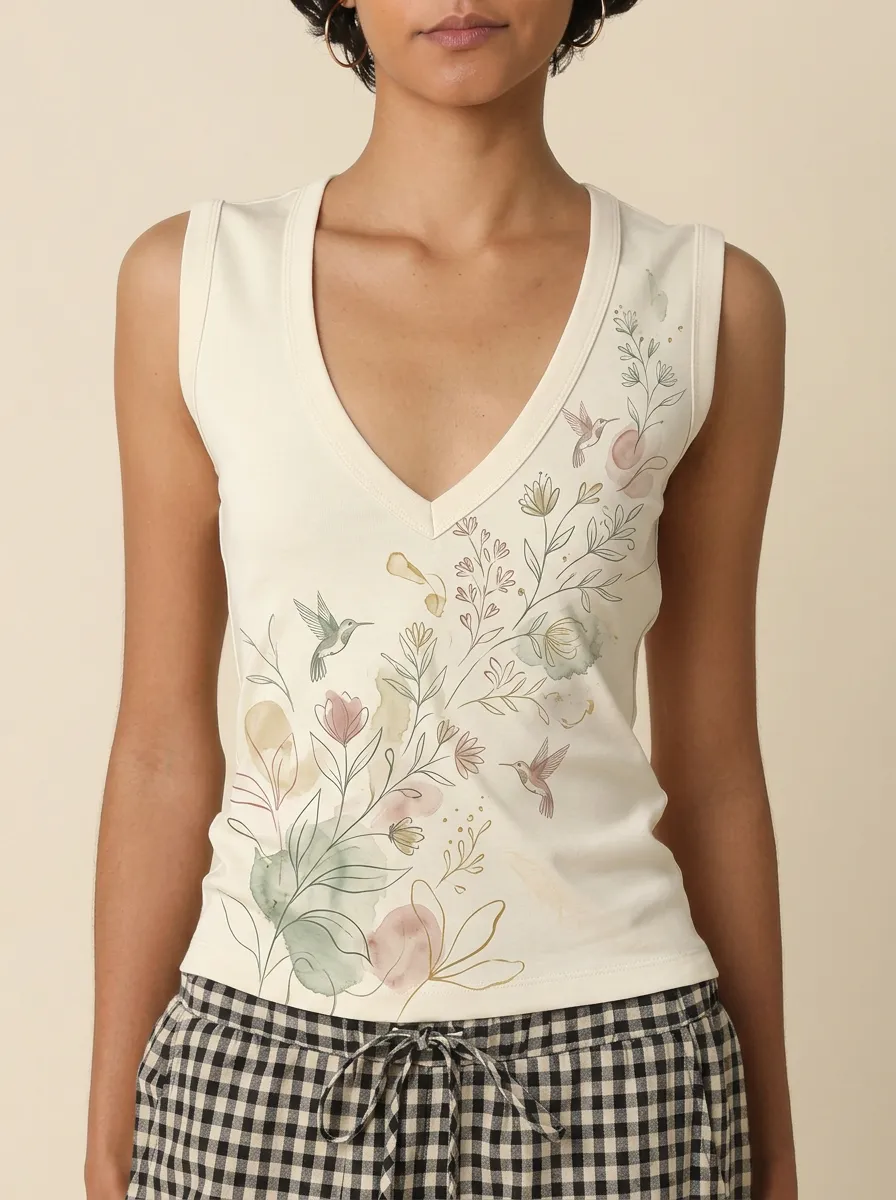 Women's Nature Lover Hummingbird Floral Watercolor Printed Tank Top