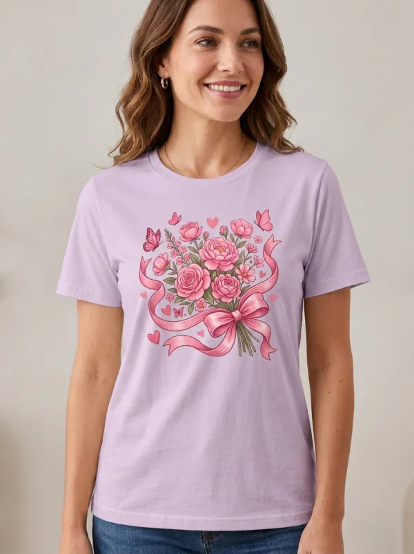 Women's Breast Cancer Awareness Pink Ribbon Flower Butterfly Printed T-shirt